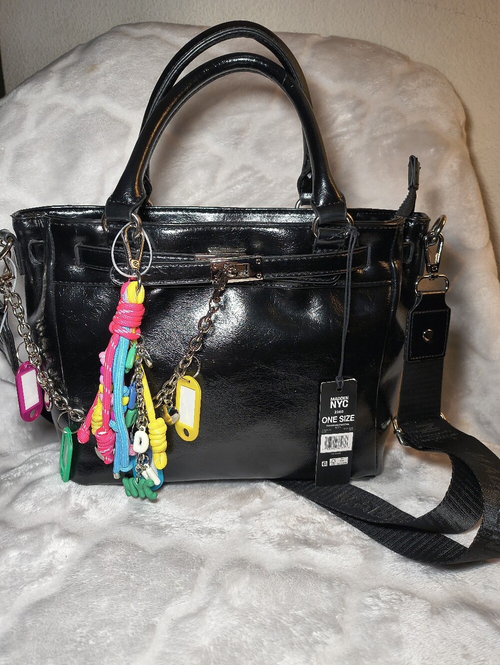 Madden NYC Black Top Handle Satchel with Keychains NWT
